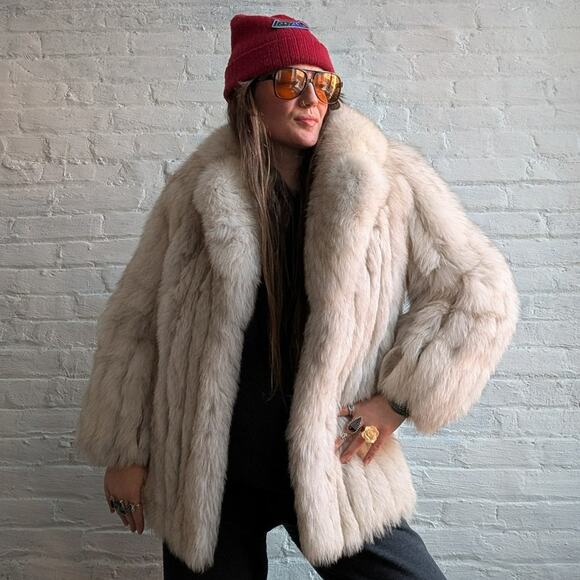 Vintage Jackets & Blazers - Vintage White Fluffy Fox Fur Coat Spotted Genuine Furry Mobwife Designer Jacket